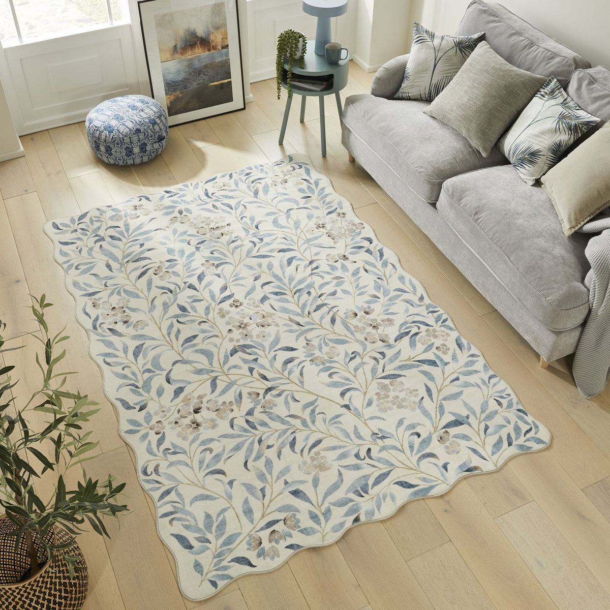 Liberty Washable Floral Ivory Blue Rug