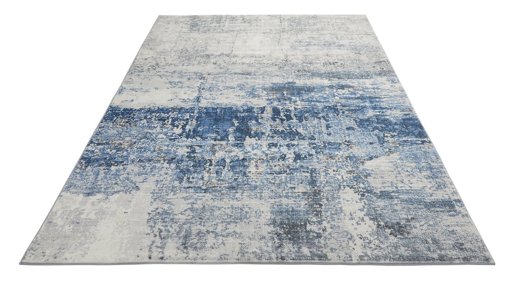 Lux Washable Abstract Ivory Blue Rug