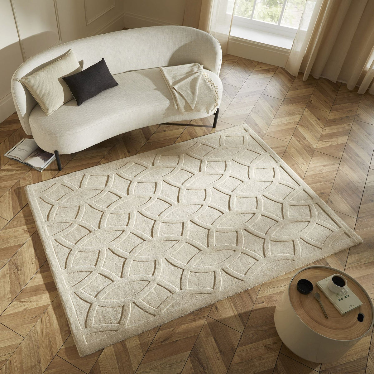 Priory Circles Beige Wool Rug
