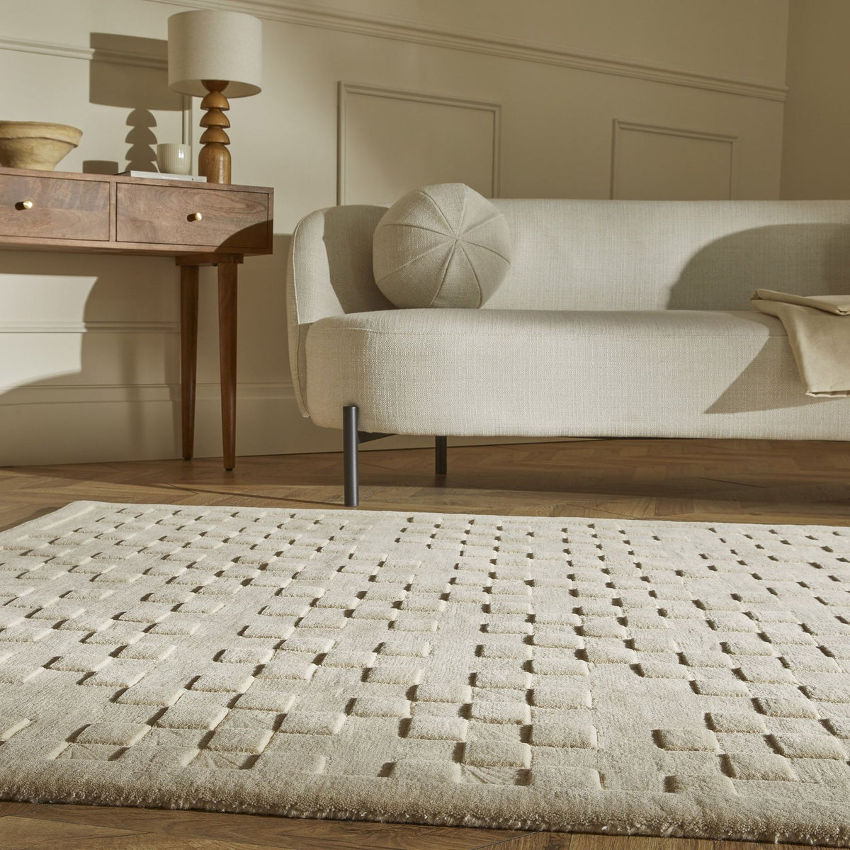 Priory Squares Beige Wool Rug