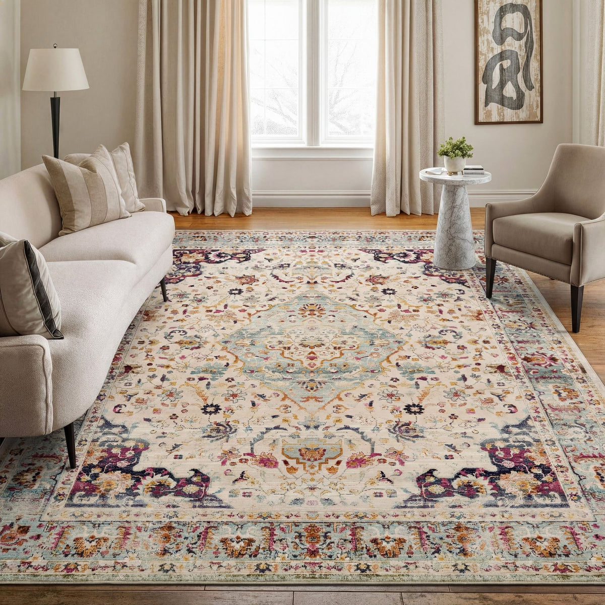 Vintage Kashan Floral Medallion Blue Gold Rug