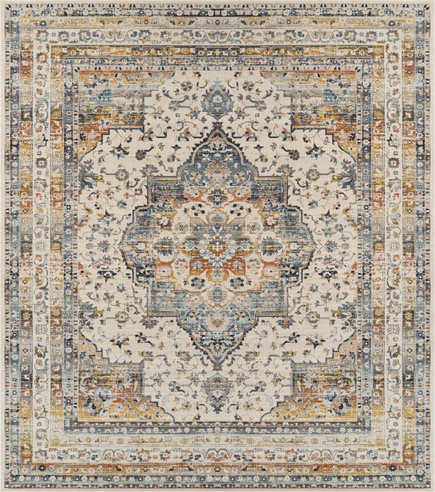 Vintage Kashan Floral Medallion Ivory Sage Rug