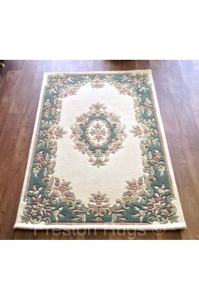 Royal Traditional Aubusson Wool Rug - Cream Green-200 x 285 cm (6'7