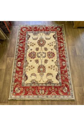 Afghan Ziegler Hand-knotted Wool Rug - Cream/Brick Red 127 x 193 cm