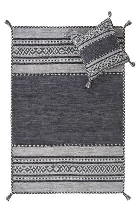 Kelim Flat-weave Rug - Charcoal-Cushion Covers 47 x 47 cm (Twin Pack)