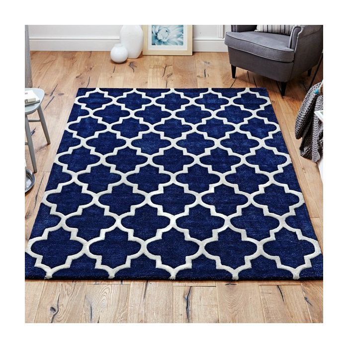Arabesque Moroccan Pattern Wool Rug - Blue -200 x 285 cm (6'7