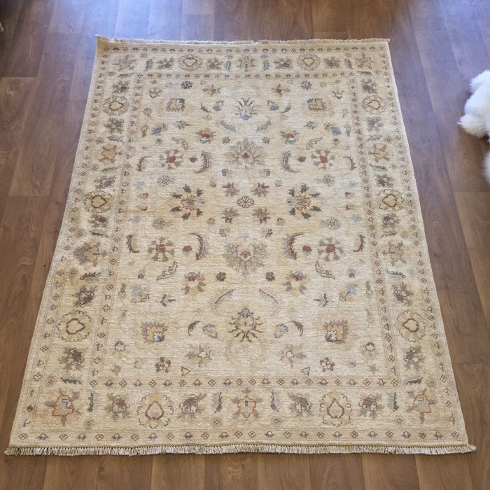 Afghan Ziegler Hand-knotted Traditional Wool Rug - Ivory Blue 144 x 190 cm