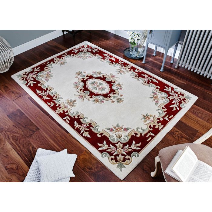 Royal Traditional Aubusson Wool Rug - Cream Red